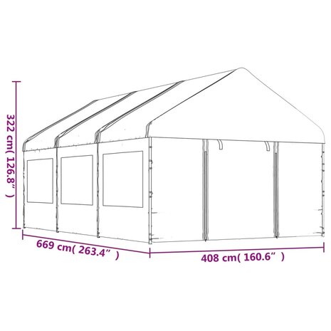Prieel met dak 6,69x4,08x3,22 m polyetheen wit