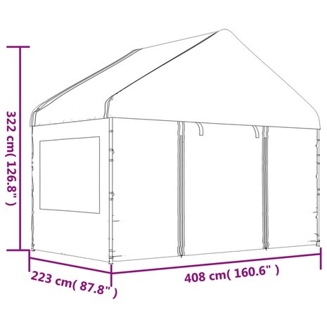 Prieel met dak 6,69x4,08x3,22 m polyetheen wit