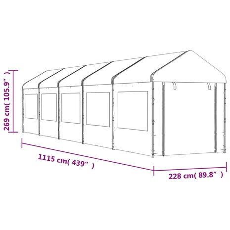 Prieel met dak 11,15x2,28x2,69 m polyetheen wit
