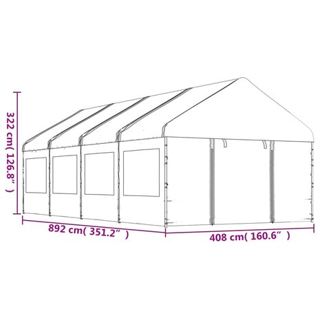 Prieel met dak 8,92x4,08x3,22 m polyetheen wit
