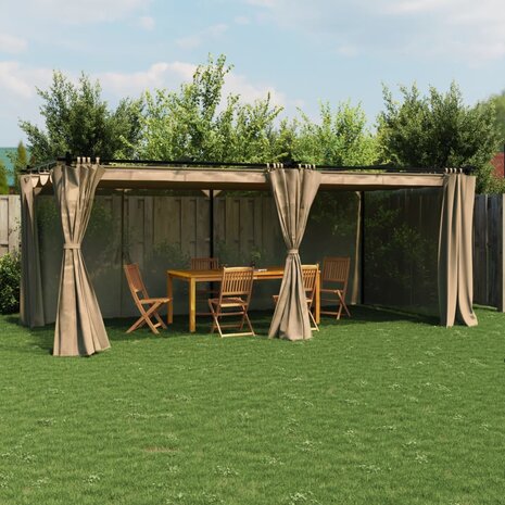Prieel met gordijnen 6x3 m staal taupe