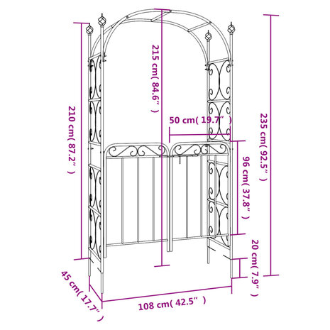 Tuinboog met poort 108x45x235 cm staal zwart