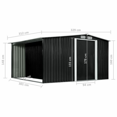 Tuinschuur met schuifdeuren 329,5x312x178 cm staal antraciet