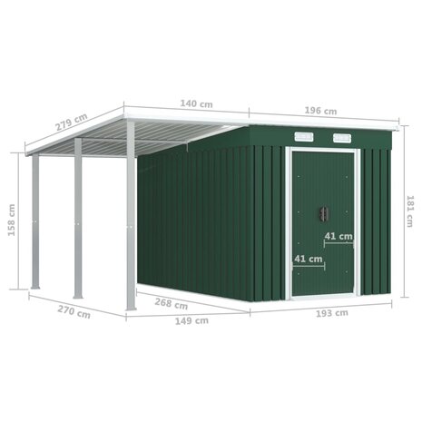 Tuinschuur met verlengd dak 336x270x181 cm staal groen