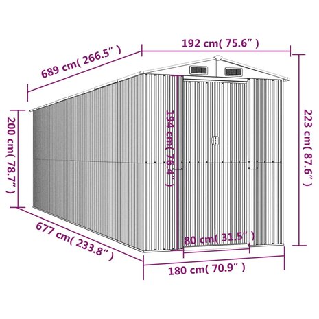 Tuinschuur 192x689x223 cm gegalvaniseerd staal lichtgrijs