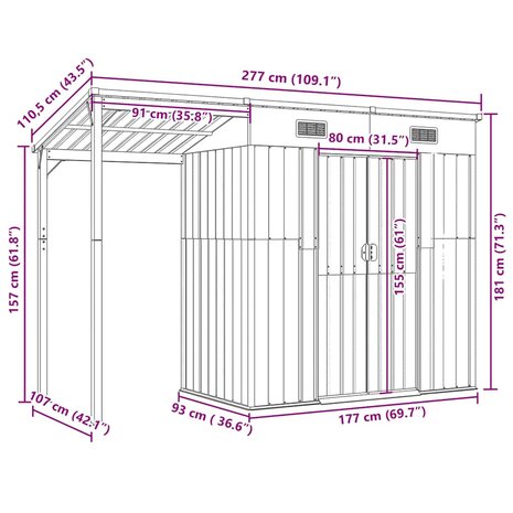 Tuinschuur met verlengd dak 277x110,5x181 cm staal bruin