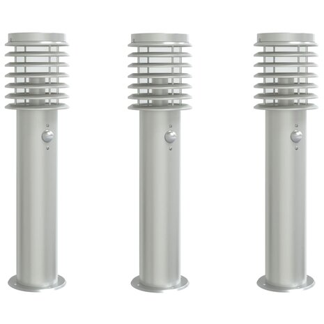 Buitenvloerlampen 3 st met sensors 60 cm roestvrijstaal zilver