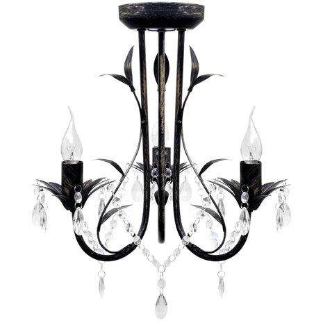 Kroonluchter art nouveau metaal kristallen kralen 3 gloeilampen zwart
