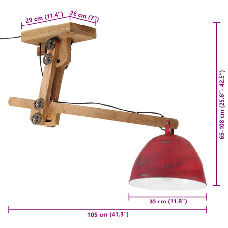 Plafondlamp 25 W E27 105x30x65-108 cm verweerd rood