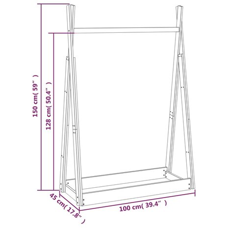 Kledingrek 100x45x150 cm massief grenenhout wit