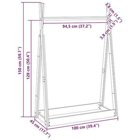 Kledingrek 100x45x150 cm massief grenenhout
