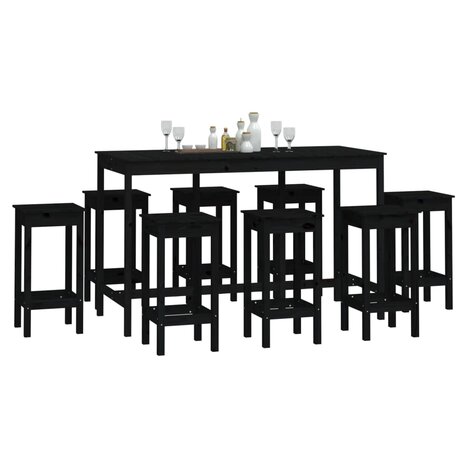 9-delige Barset massief grenenhout zwart