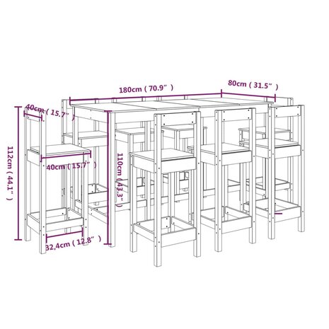 9-delige Barset massief grenenhout