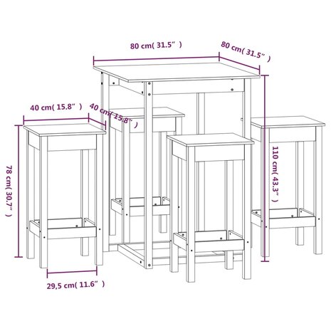 5-delige Barset massief grenenhout wit