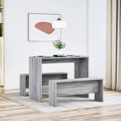 3-delige Eettafel en bankenset bewerkt hout grijs sonoma eiken