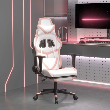 Gamestoel met voetensteun kunstleer wit en roze