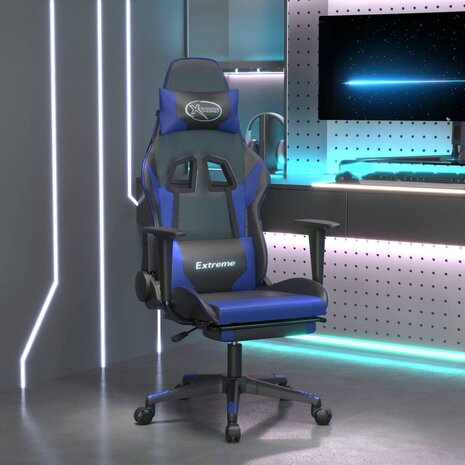 Gamestoel met voetensteun kunstleer zwart en blauw