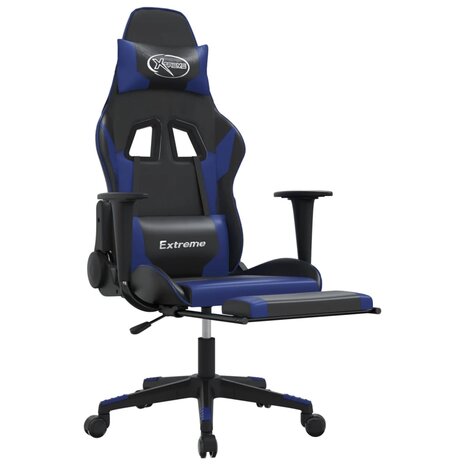 Gamestoel met voetensteun kunstleer zwart en blauw