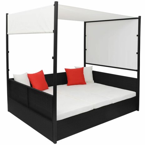 Tuinbed met luifel 190x130 cm poly rattan zwart