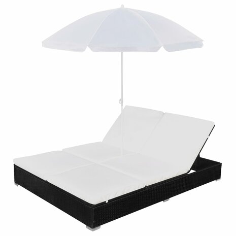 Loungebed met parasol poly rattan zwart
