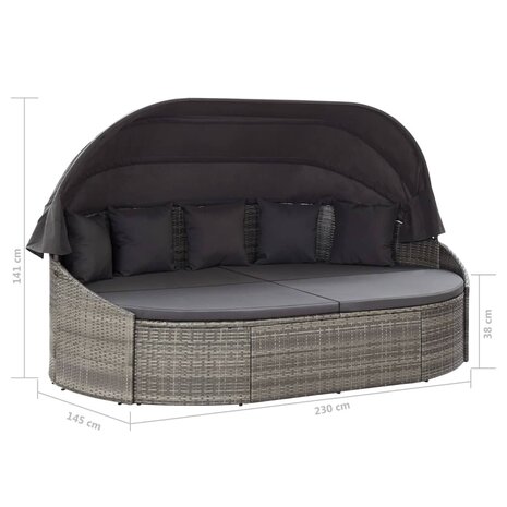 Loungebed met luifel poly rattan grijs