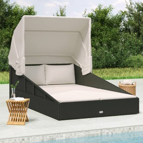 Ligbed met inklapbaar dak 200x114x128 cm poly rattan zwart