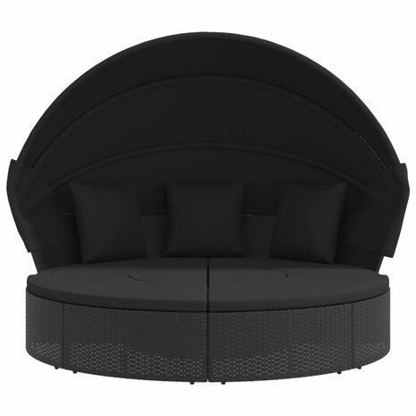 Loungebed met luifel en kussens poly rattan zwart