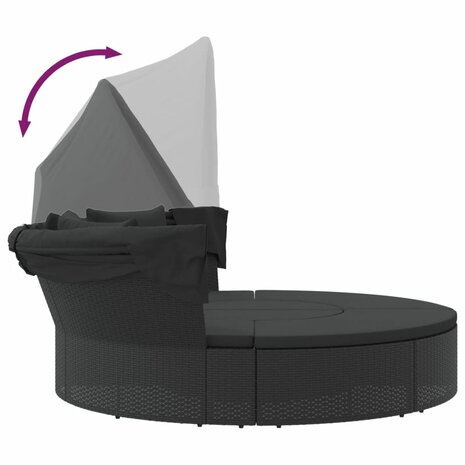 Loungebed met luifel en kussens poly rattan zwart