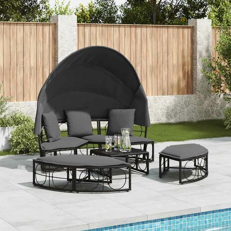 Loungebed met luifel en kussens poly rattan zwart