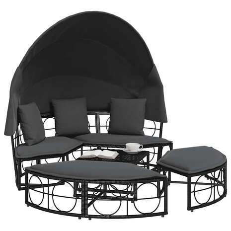 Loungebed met luifel en kussens poly rattan zwart