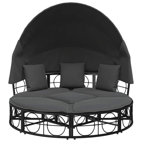 Loungebed met luifel en kussens poly rattan zwart
