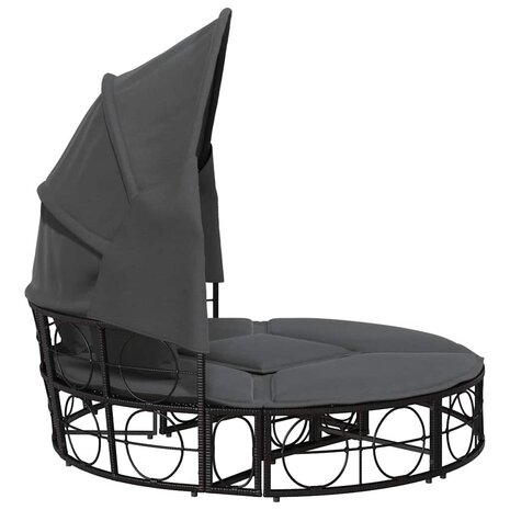 Loungebed met luifel en kussens poly rattan zwart