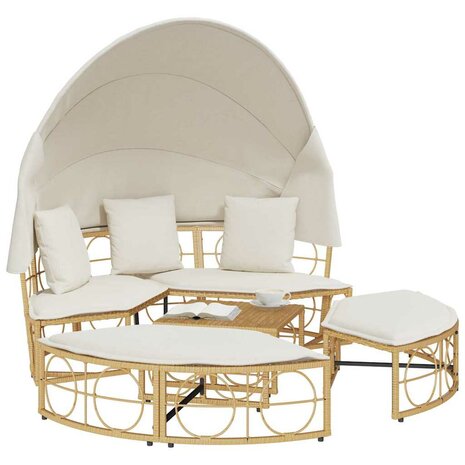 Loungebed voor buiten met luifel en kussens poly rattan