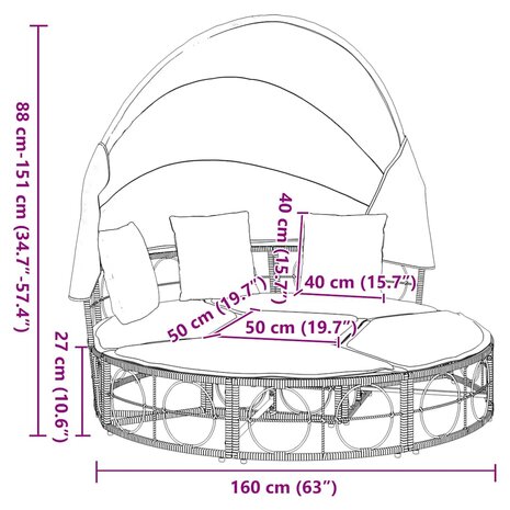 Loungebed voor buiten met luifel en kussens poly rattan