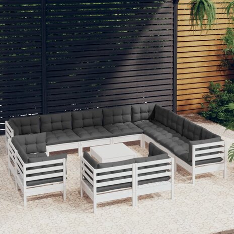 13-delige Loungeset met kussens massief grenenhout wit
