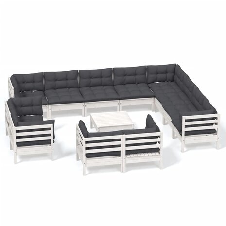 13-delige Loungeset met kussens massief grenenhout wit