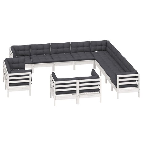 13-delige Loungeset met kussens massief grenenhout wit
