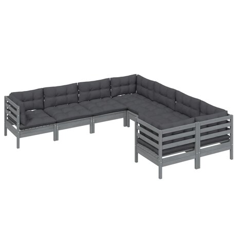 8-delige Loungeset met kussens massief grenenhout grijs