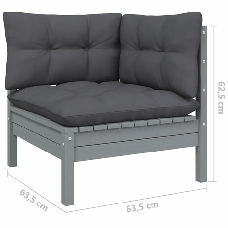 8-delige Loungeset met kussens massief grenenhout grijs