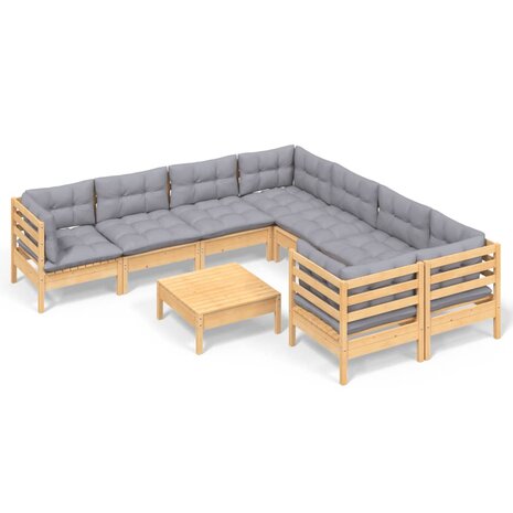 9-delige Loungeset met grijze kussens grenenhout
