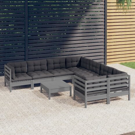 9-delige Loungeset met kussens grenenhout grijs