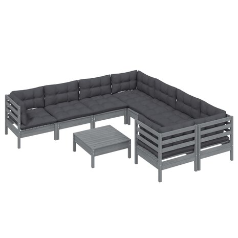 9-delige Loungeset met kussens grenenhout grijs