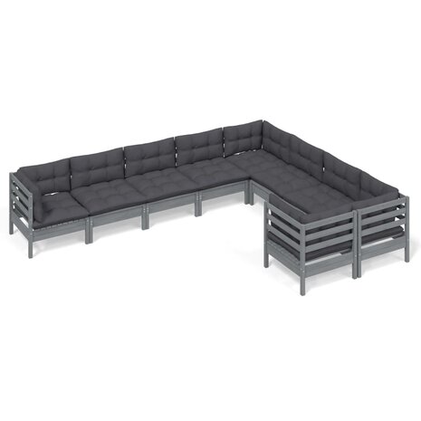 9-delige Loungeset met kussens grenenhout grijs