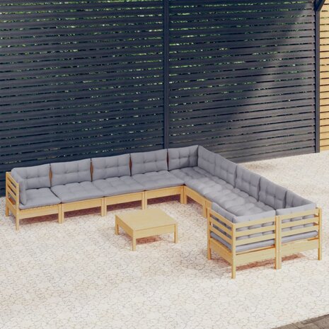 11-delige Loungeset met grijze kussens grenenhout