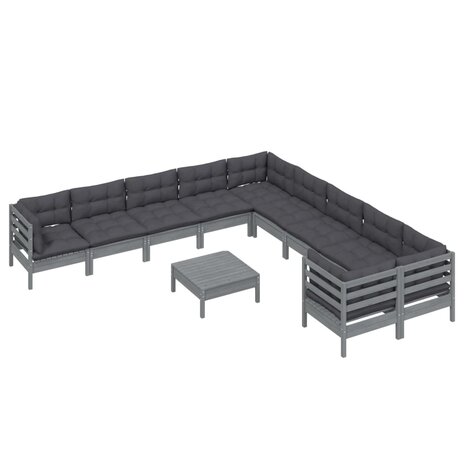 11-delige Loungeset met kussens grenenhout grijs