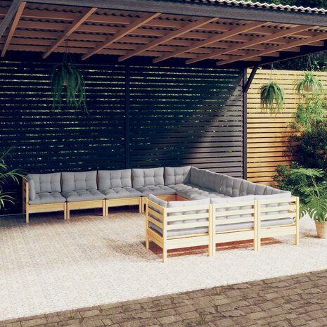 11-delige Loungeset met grijze kussens grenenhout