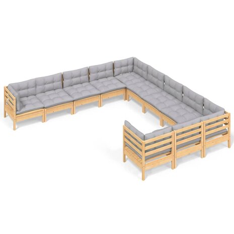 11-delige Loungeset met grijze kussens grenenhout