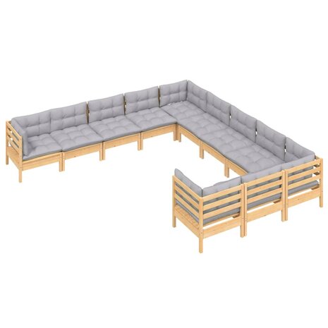 11-delige Loungeset met grijze kussens grenenhout