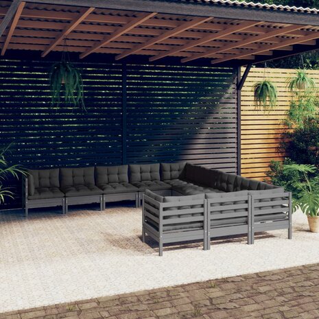 11-delige Loungeset met kussens grenenhout grijs