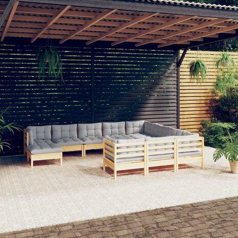 11-delige Loungeset met grijze kussens grenenhout